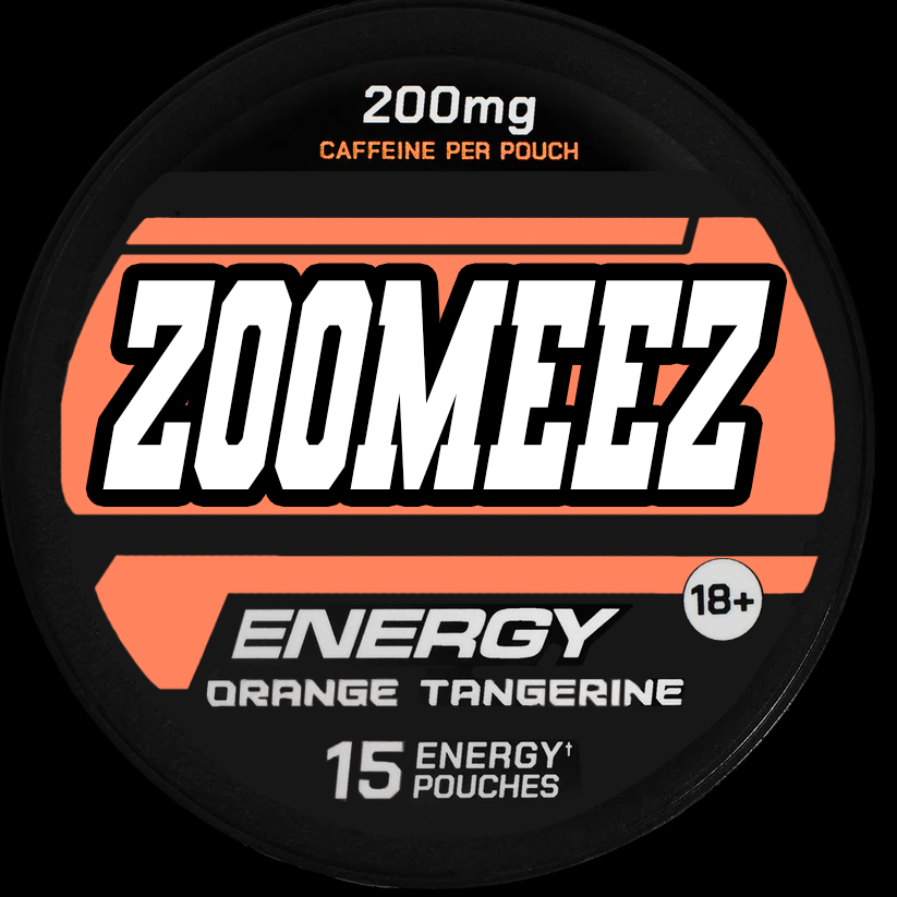 Image of a can containing 15 Zoomeez Orange Tangerine pre-workout caffeine pouches.