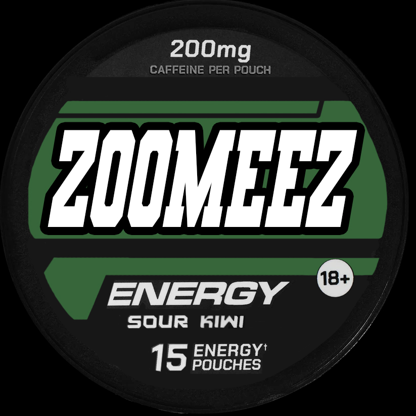 Image of a can containing 15 Zoomeez Sour Kiwi pre-workout caffeine pouches.