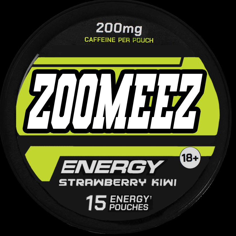 Image of a can containing 15 Zoomeez Strawberry Kiwi pre-workout caffeine pouches.